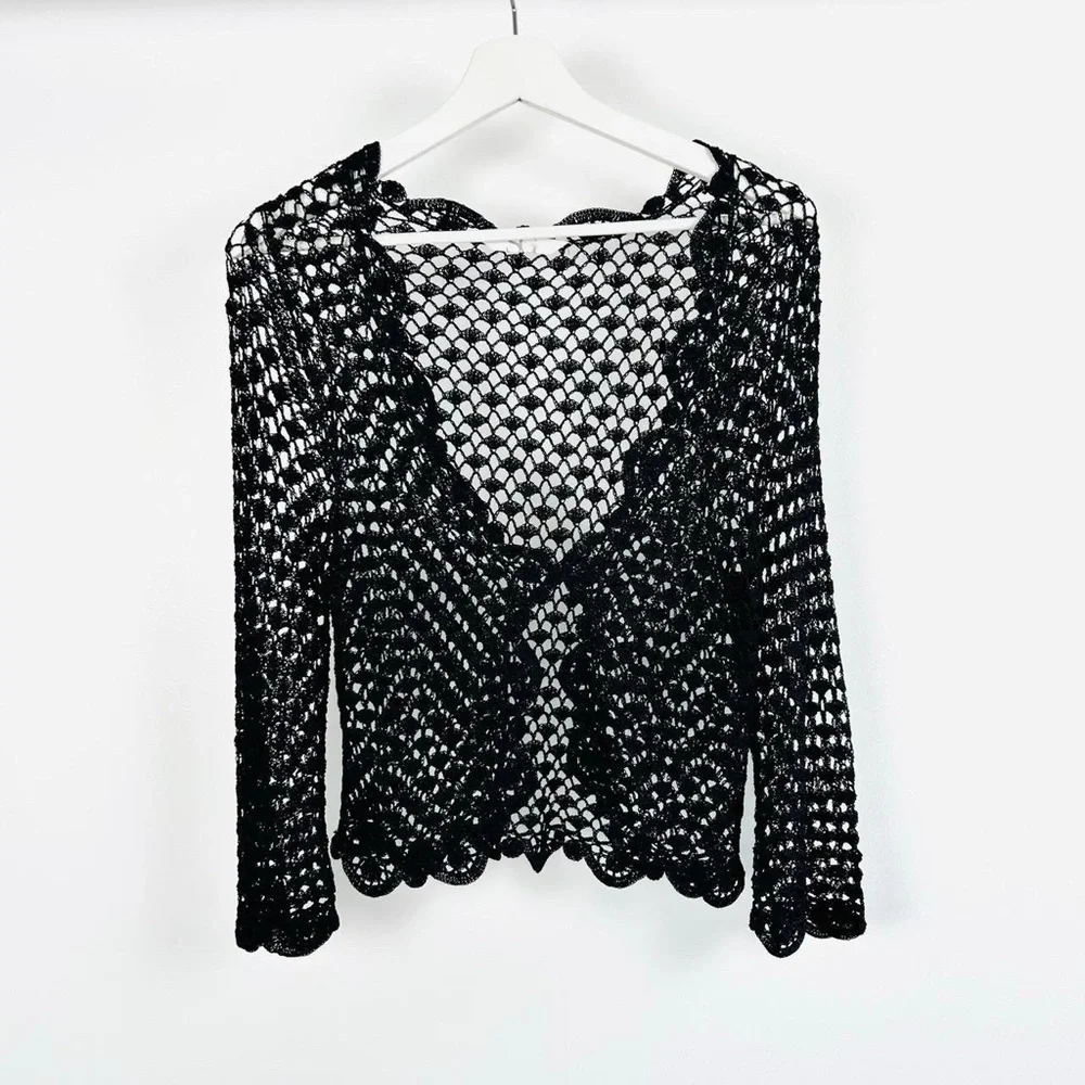 Vintage 90s Y2k Crochet Knit Shrug cropped Cardigan UK 10 12 Black Gothic Witch - Picture 2 of 8